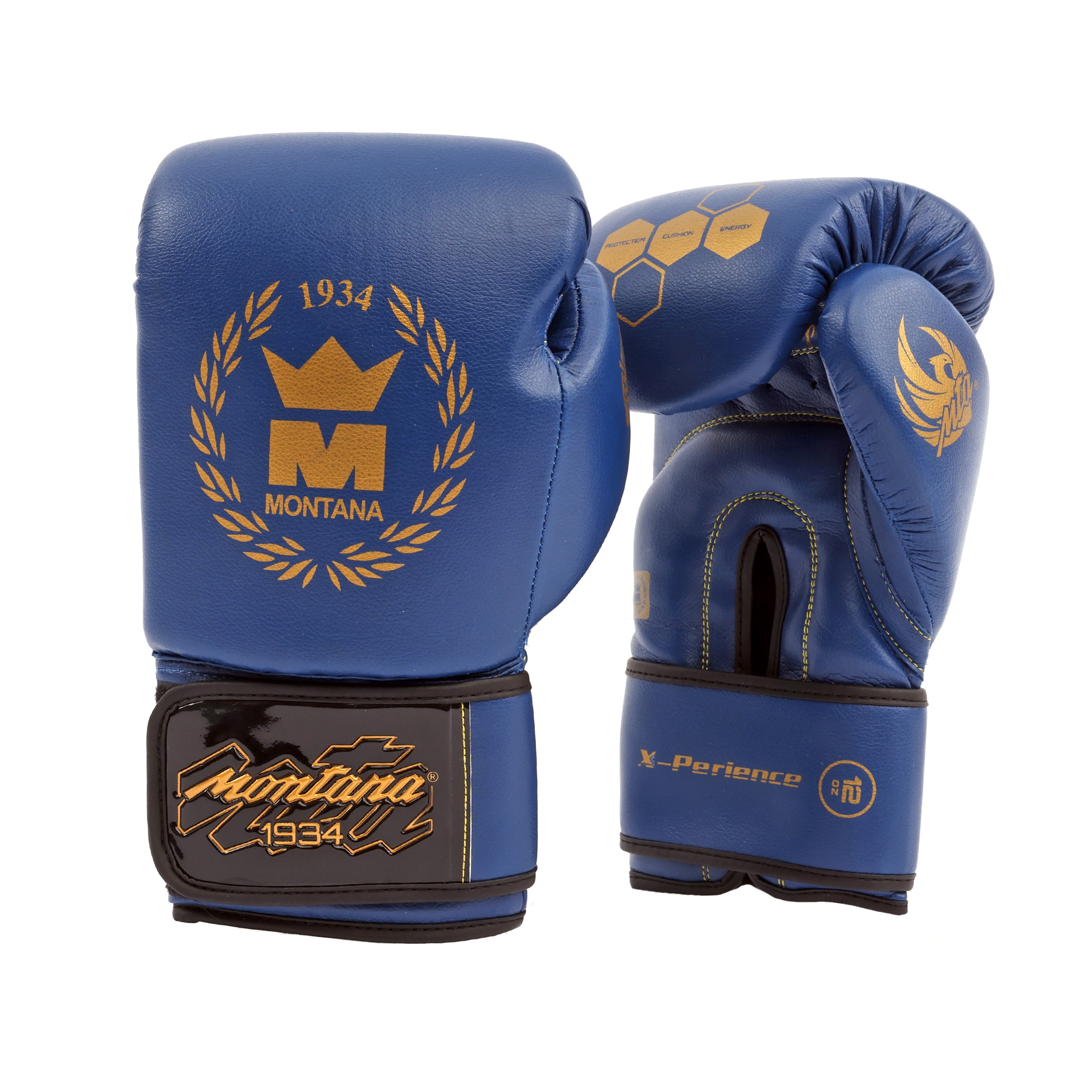 Gants de boxe bleus Montana X-PERIENCE NewCode pour boxe anglaise, Muay Thai, boxe thaï et disciplines multiboxes, dotés de renforts hexagonaux et d’un design ergonomique.