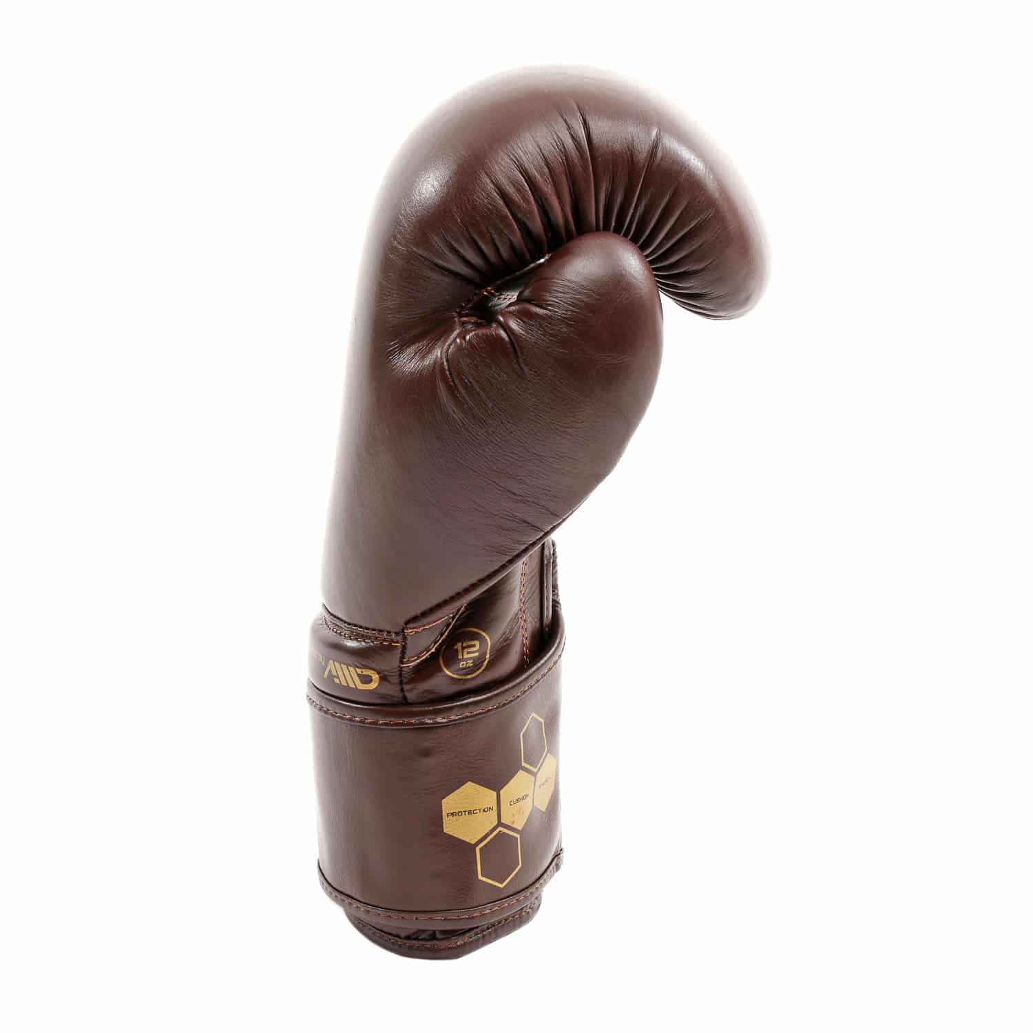 Gants de boxe bordeaux Montana VICTORY Heritage, profil latéral mettant en valeur la construction robuste, la manchette SmartLock et le Roll Gipp pour une fermeture parfaite du poing.
