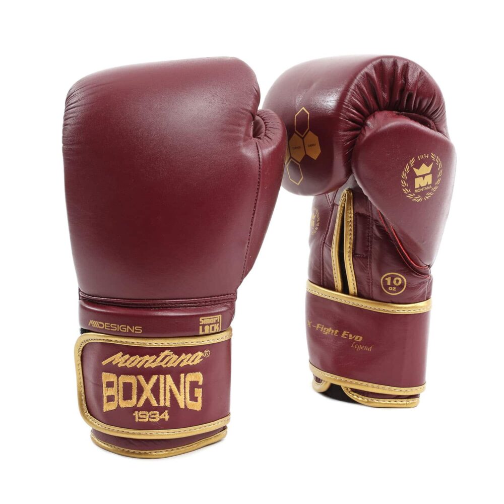 Gants de boxe bordeaux Montana X-FIGHT Evo Legend adaptés aux compétiteurs en boxe anglaise, boxe thaï, full contact, Muay Thai et kick boxing, avec rembourrage SHOCK ABSORBING multicouches et design haut de gamme.