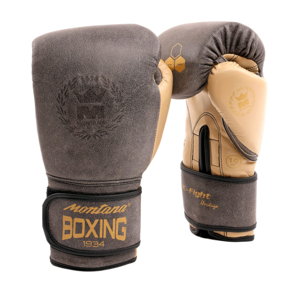 Gants de boxe marron Montana X-FIGHT Heritage conçus pour la boxe anglaise, boxe thaï, kick boxing, full contact et Muay Thai, avec mousse multicouches et design patiné pour une allure authentique.