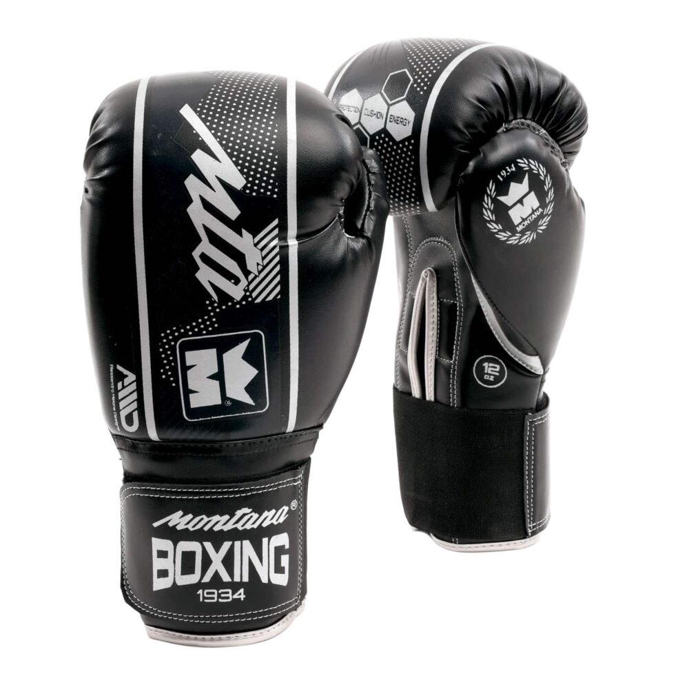 Gants de boxe noirs Montana HAWK adaptés aux disciplines pieds-poings comme la boxe thaï ou le kick boxing, dotés d’un serrage élastique, d’un confort durable et d’un maintien sécurisé.