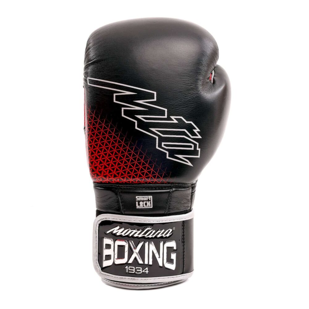 Gants de boxe noirs Montana VANGUARD Identity adaptés à la boxe thaï, boxe anglaise, full contact, kick boxing et muay thaï, avec mousse injectée et gel protecteur pour une absorption maximale.