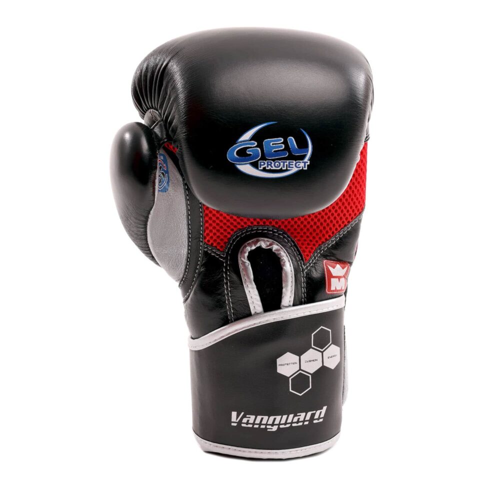 Gants de boxe noirs Montana VANGUARD Identity, intérieur ergonomique avec mousse gel protectrice, offrant stabilité, précision et absorption des impacts pour la boxe multiboxes.