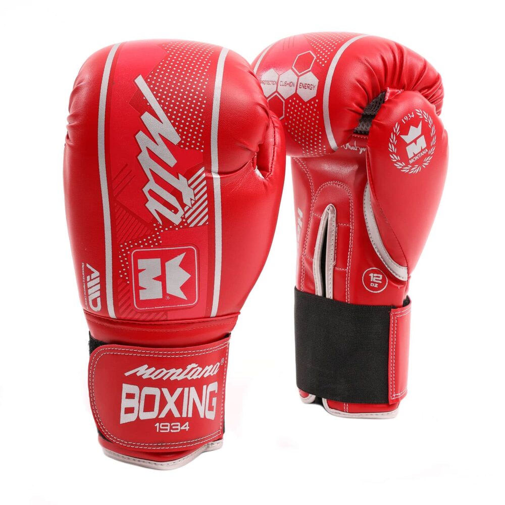 Gants de boxe rouges Montana HAWK destinés aux boxeurs novices en multiboxes, combinant confort, absorption des chocs et maintien sécurisé grâce à la fermeture velcro et à la mousse injectée.