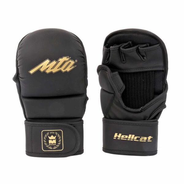 Gants MMA HELLCAT NewCode noirs en PolyComposite avec mousse EVA haute absorption, paume ouverte antiglisse, conçus pour l'entraînement sécurisé et intensif.