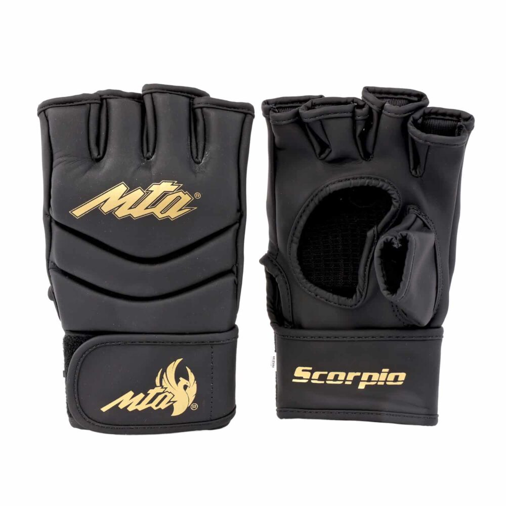 Paire de gants MMA Montana SCORPIO NewCode en PolyComposite léger, présentée de dos et paume ouverte, avec logo MTA doré.