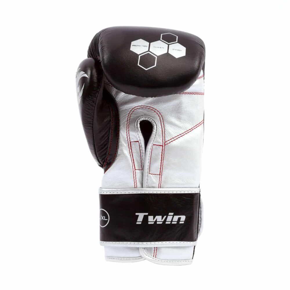 Gants de sac TWIN Identity noirs, en cuir avec mousse Shock Absorbing, adaptés aux frappes sur sac et exercices en binôme.