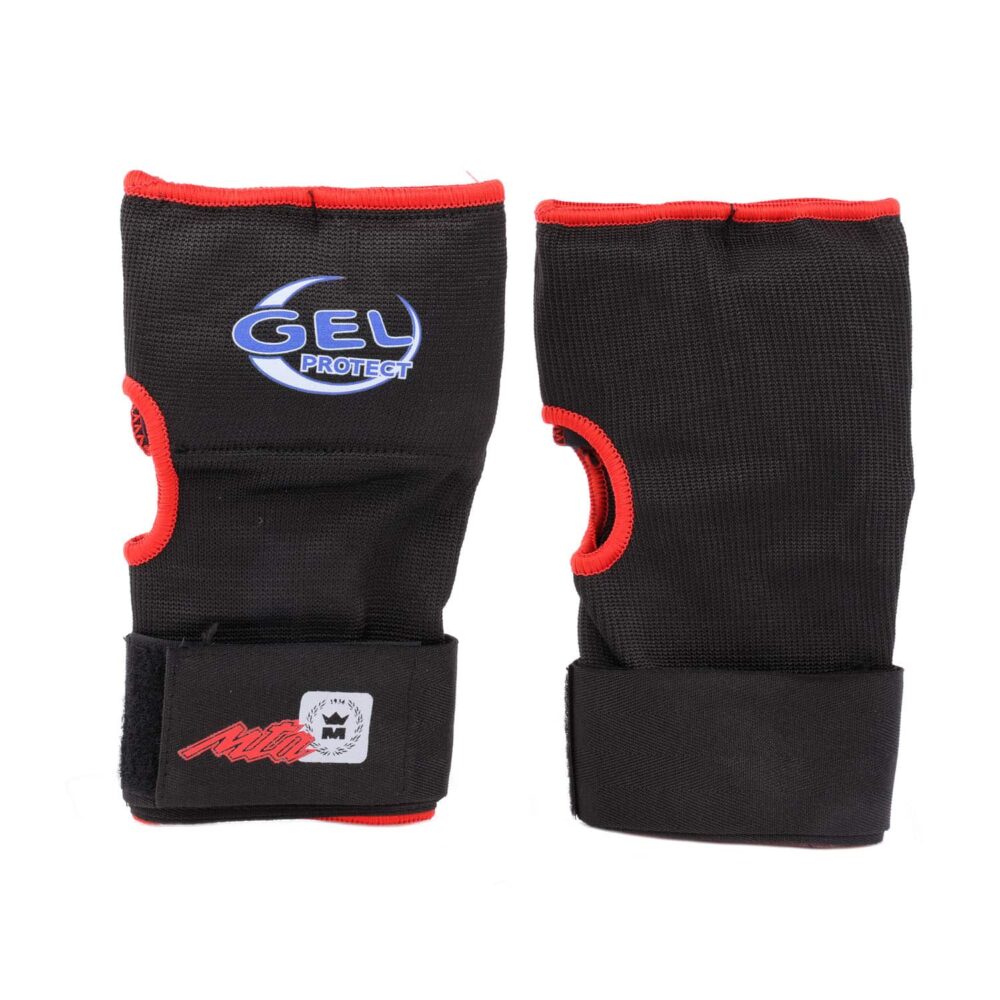 Paire de mitaines Montana MM GEL PROTECT posées à plat, montrant l’insert gel bleu sur le dos de la main et les bandes de serrage.