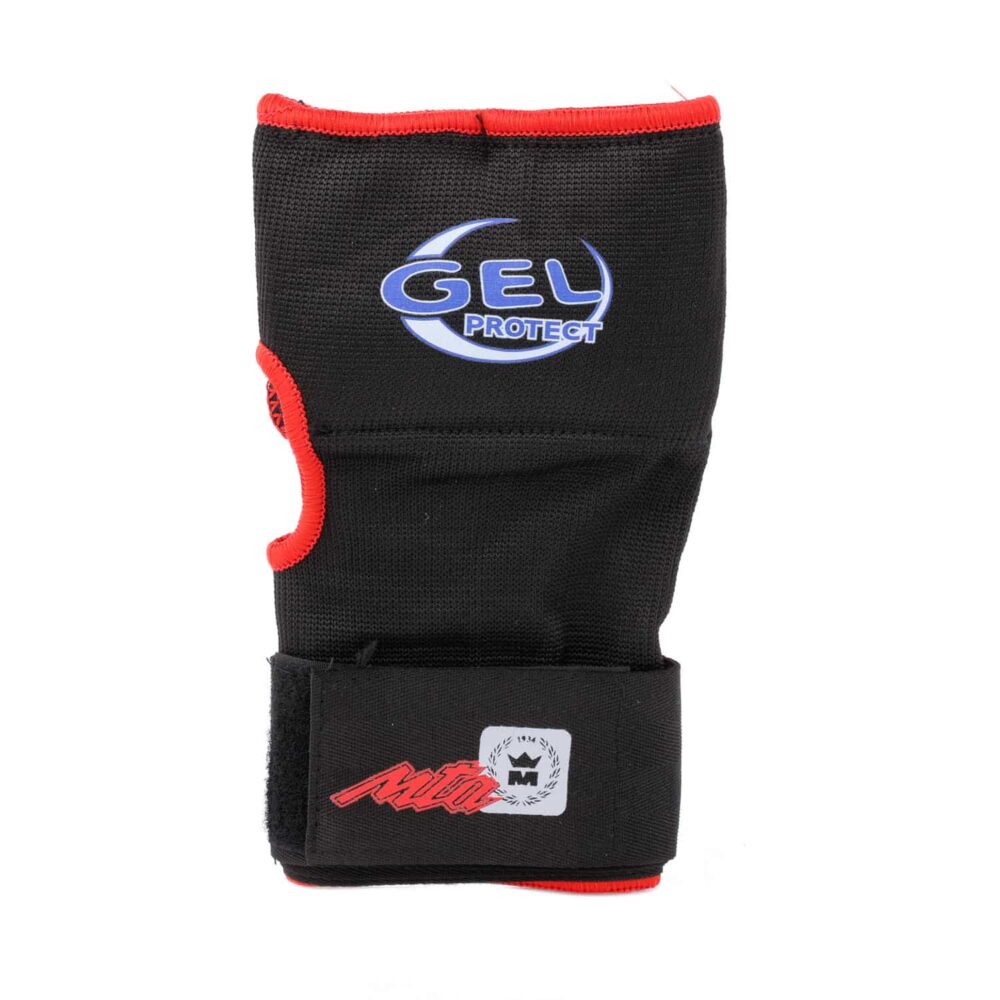 Mitaines Montana MM GEL PROTECT vues de dessus, montrant le blason de la marque et les surpiqûres rouges du contour.