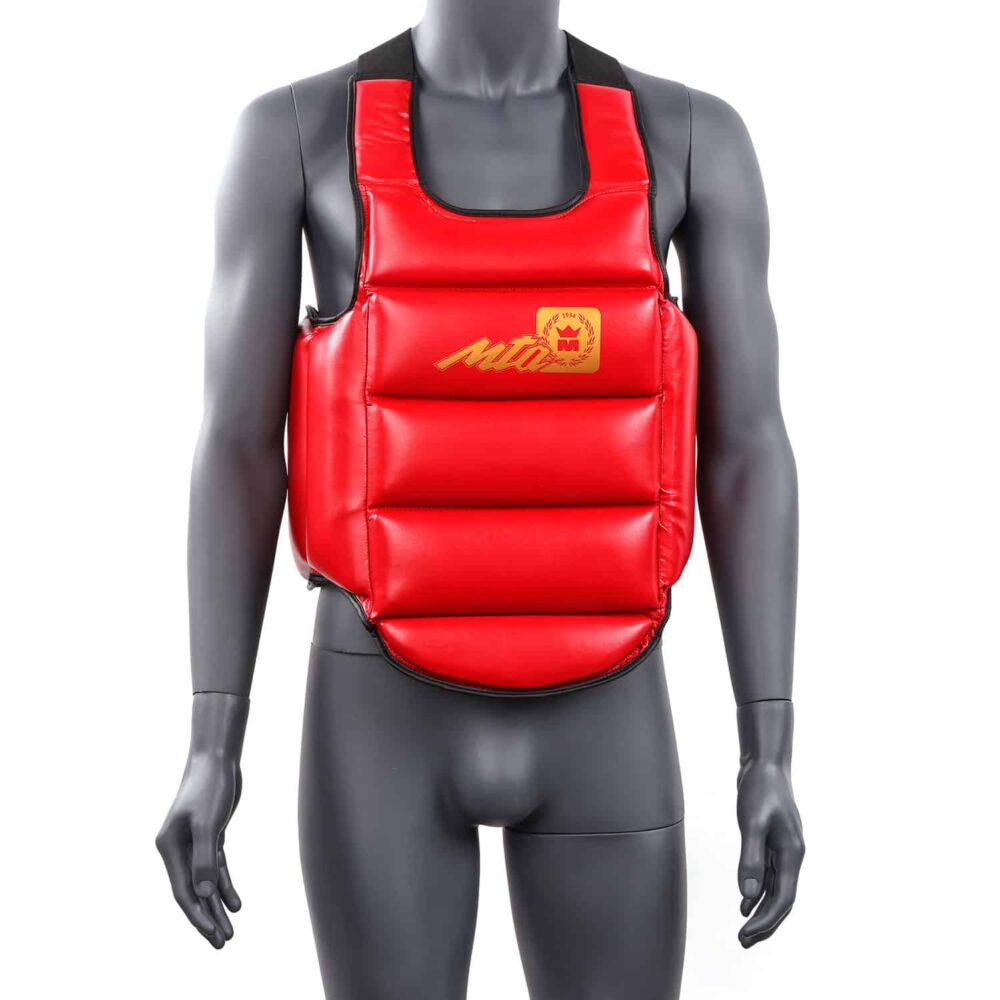 Plastron réversible BODYGUARD Double Side rouge/bleu, mousse haute densité, tissu PolyComposite, attaches scratch robustes.