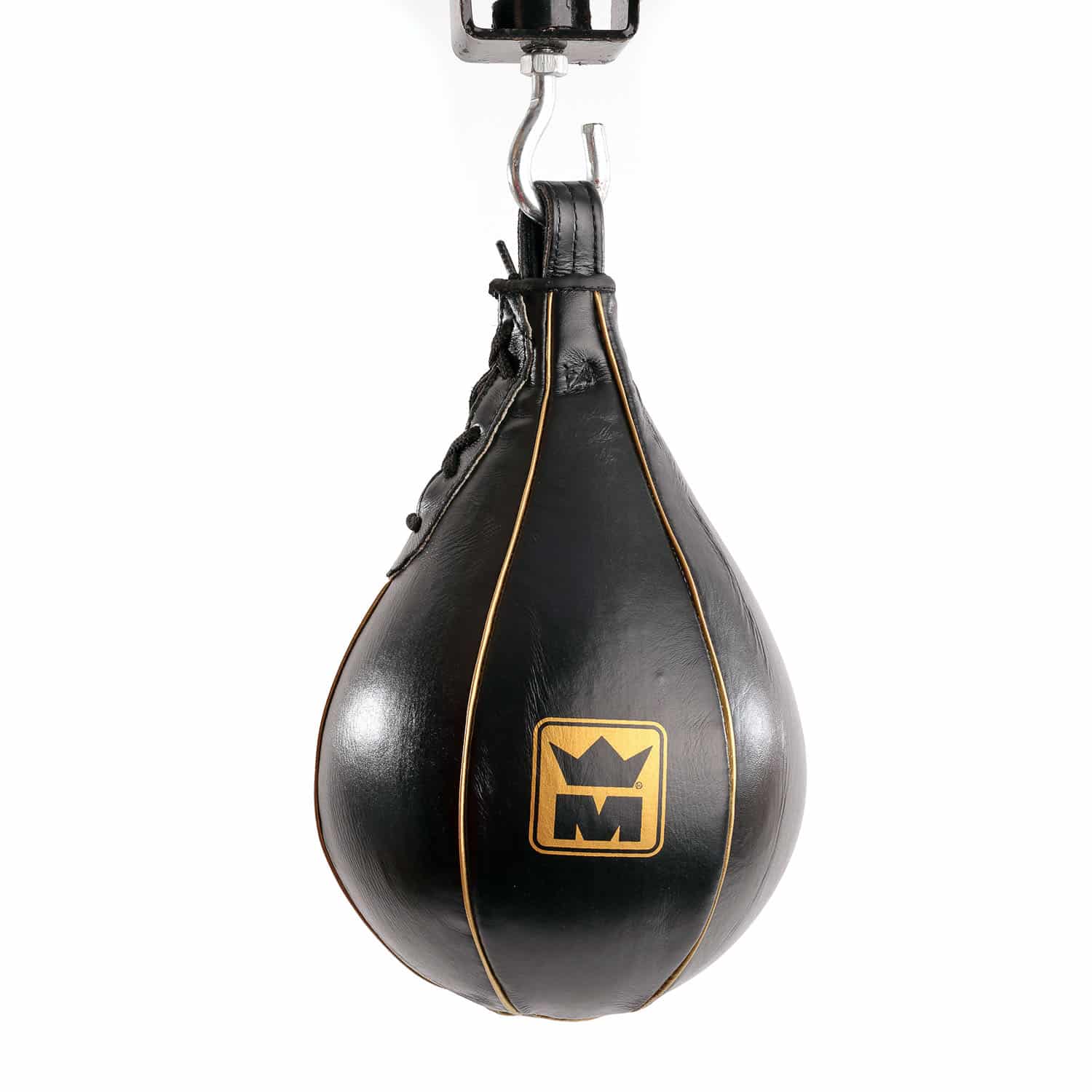 a black punching bag with yellow stitchingPoire de vitesse en cuir noir lisse avec coutures visibles et vessie latex, pour un travail de frappe rapide et fluide.