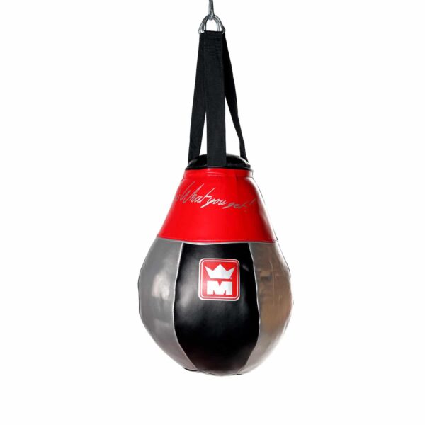 Poire à uppercut de 60 cm en PolyComposite Barex, suspendue par 4 sangles, garnie textile, pour un travail intensif à l’intérieur.