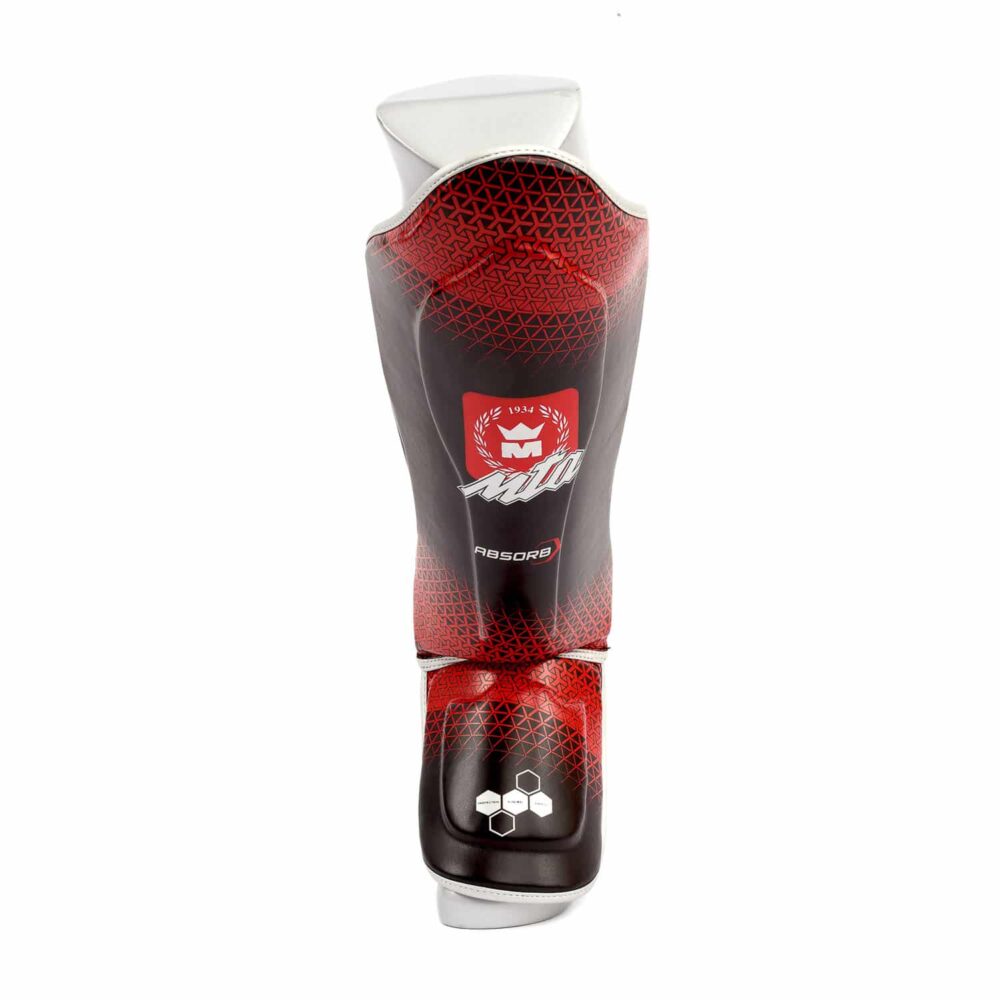 Protège tibias Montana noir et rouge MK PROTECT Absorb Identity, combinaison de mousse dense et insert absorbant, maintien scratch et confort hygiénique, certifié CE.