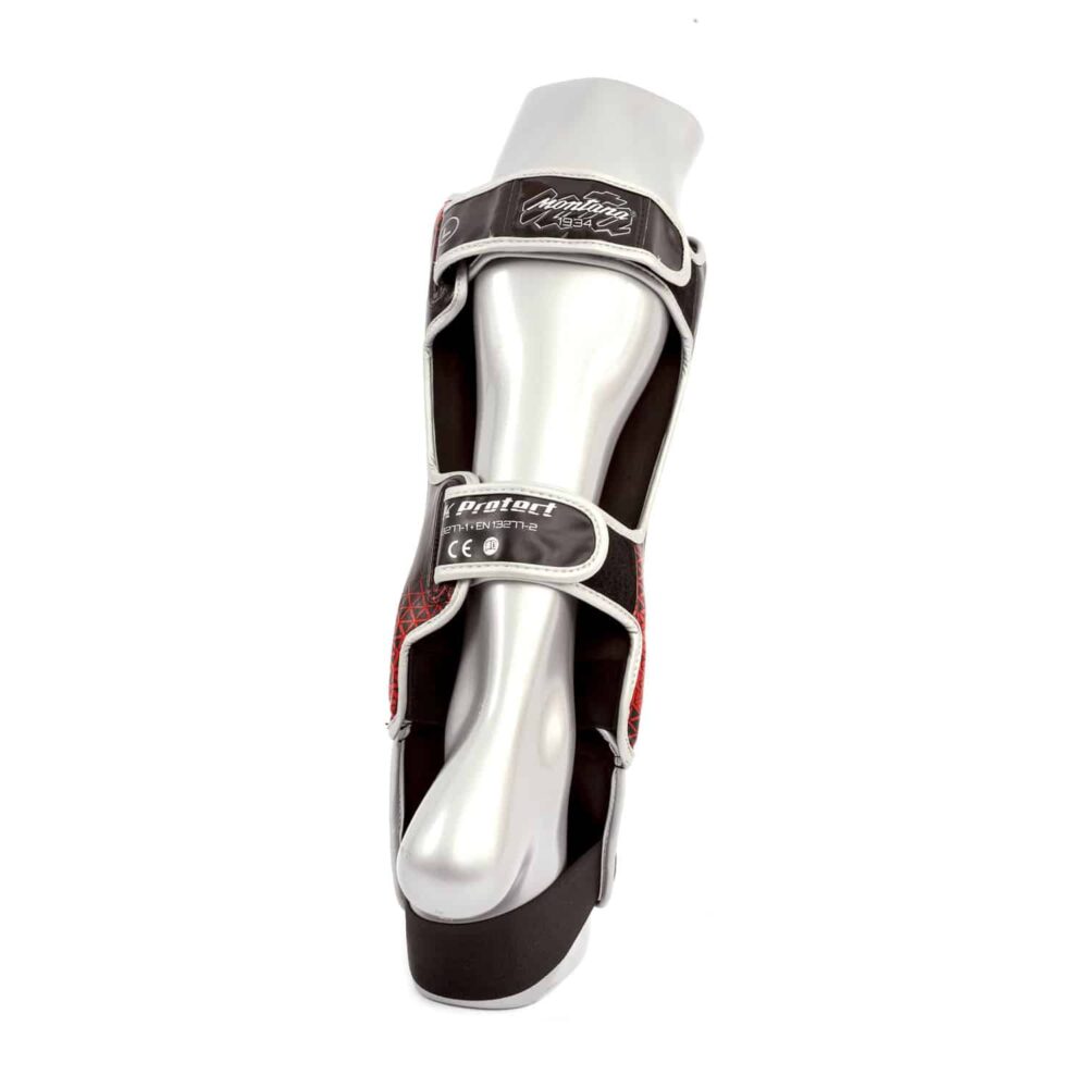 Protège tibias Montana noir et rouge MK PROTECT Absorb Identity, combinaison de mousse dense et insert absorbant, maintien scratch et confort hygiénique, certifié CE.