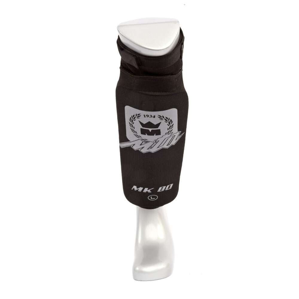 Protège-tibias noir MK80 en coton élastique avec insert mousse, idéal pour les débutants en arts martiaux, doté d'une fermeture scratch ajustable et certifié CE.