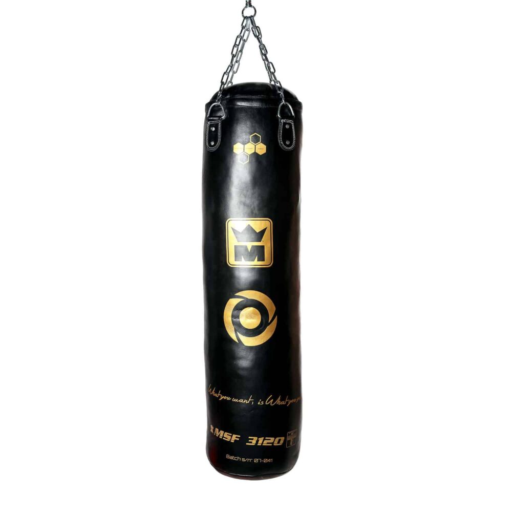Sac de frappe haut de gamme 120 cm en cuir pleine fleur doublé nylon, suspendu par chaînes, pour les entraînements réguliers.