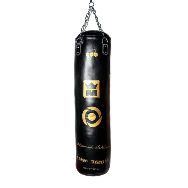 Sac de frappe haut de gamme 120 cm en cuir pleine fleur doublé nylon, suspendu par chaînes, pour les entraînements réguliers.