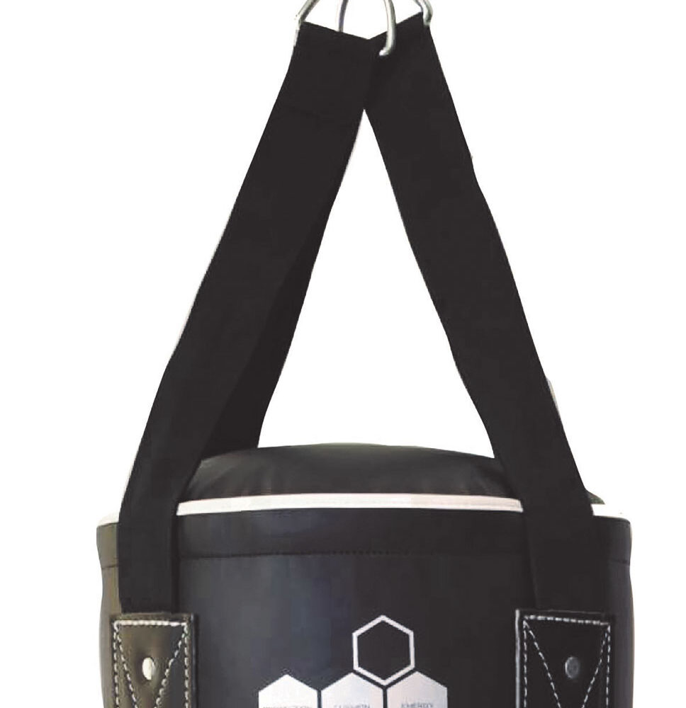 Sac de frappe loisir de 110 cm, toile nylon enduite noire, sangles solides rivetées, idéal pour une pratique occasionnelle.