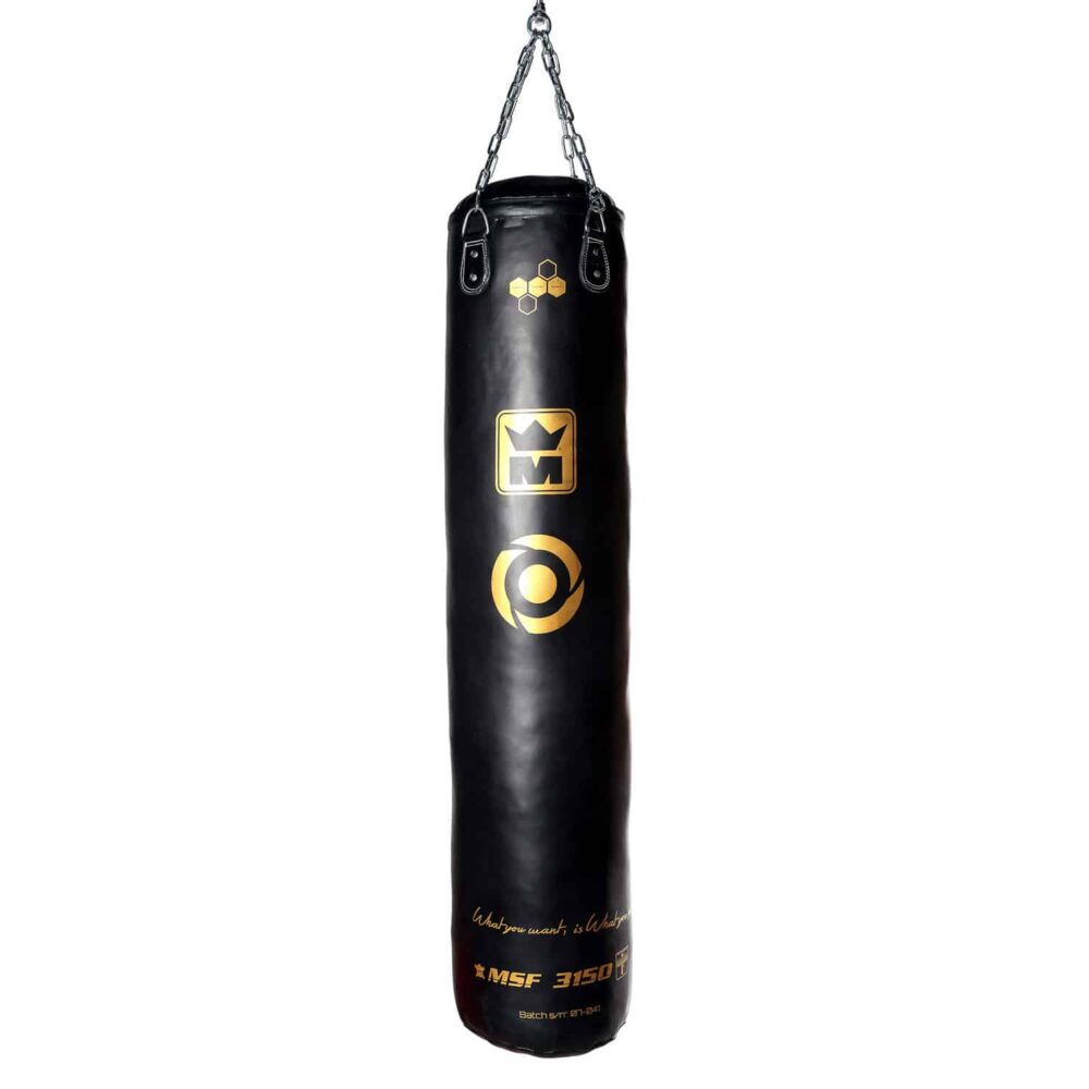 Sac de frappe long 150 cm, cuir pleine fleur noir doublé nylon, avec chaînes de suspension et rotule.