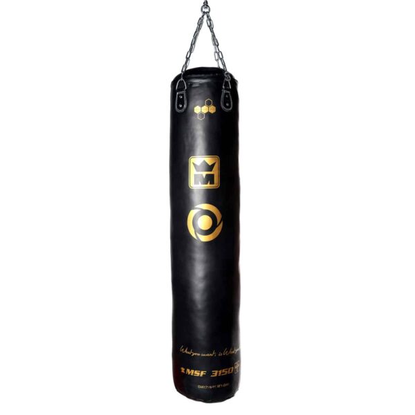 Sac de frappe long 150 cm, cuir pleine fleur noir doublé nylon, avec chaînes de suspension et rotule.