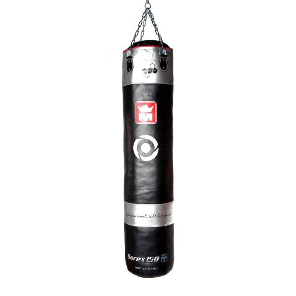 Sac de frappe long de 150 cm, enveloppe Barex résistante, suspension par 4 chaînes pour un entraînement complet.