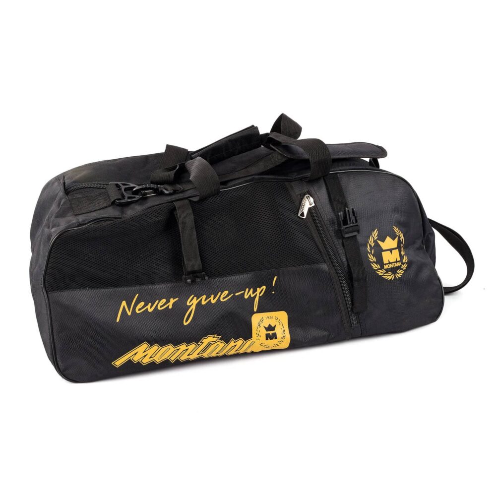 Sac de sport noir Montana MULTIBAG NewCode taille L/XL vu de trois quarts, avec la signature dorée Never give-up et la bandoulière.