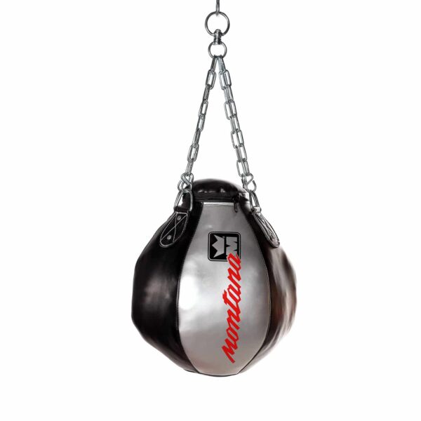 Sac uppercut circulaire de 56 cm en Barex noir, suspendu par 4 chaînes avec rotule, conçu pour les frappes montantes ciblées.