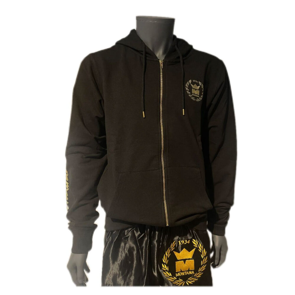 Sweatshirt noir à capuche NewCode en coton élasthanne, avec fermeture zip et poches larges, parfait pour les échauffements ou l’après-entraînement.