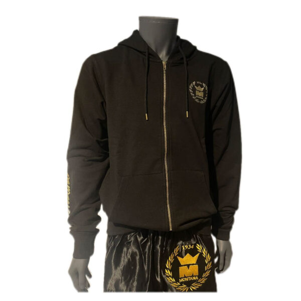 Sweatshirt noir à capuche NewCode en coton élasthanne, avec fermeture zip et poches larges, parfait pour les échauffements ou l’après-entraînement.