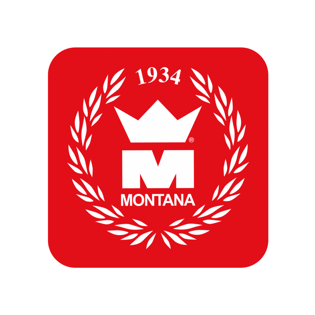 Logo officiel de la marque de boxe Montana, fond rouge carré aux coins arrondis, orné d’une couronne de lauriers blanche, du sigle "M" stylisé avec une couronne, et de la mention "1934", symbole d'excellence en équipements de boxe.