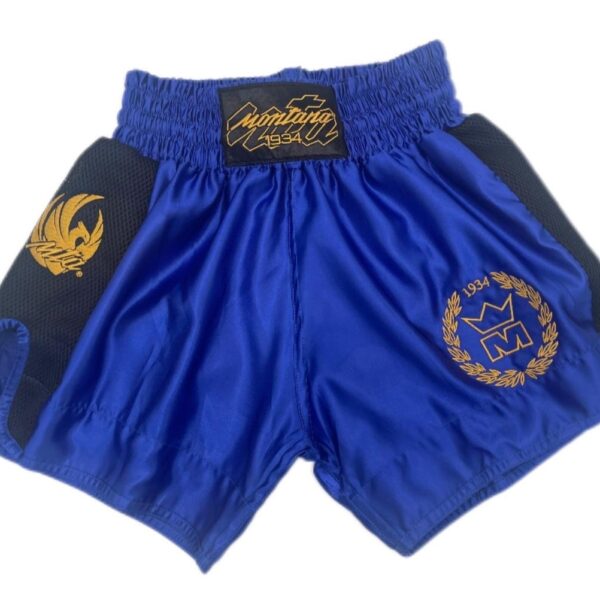 Short Muay Thai bleu NewCode en satin polyester, avec bande latérale mesh VENTIL’AIR pour une meilleure ventilation, large ouverture et ceinture élastique.