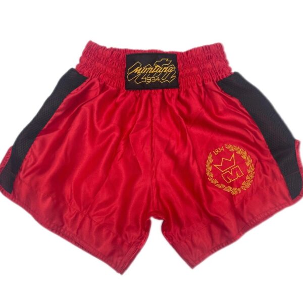 Short Muay Thai rouge NewCode en satin polyester, avec bande latérale mesh VENTIL’AIR pour une meilleure ventilation, large ouverture et ceinture élastique.