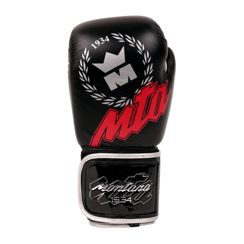 Gant de boxe noir Montana SPARRING Identity vu de dos, montrant le blason à la couronne, le logo MTA rouge et la manchette large Montana 1934.