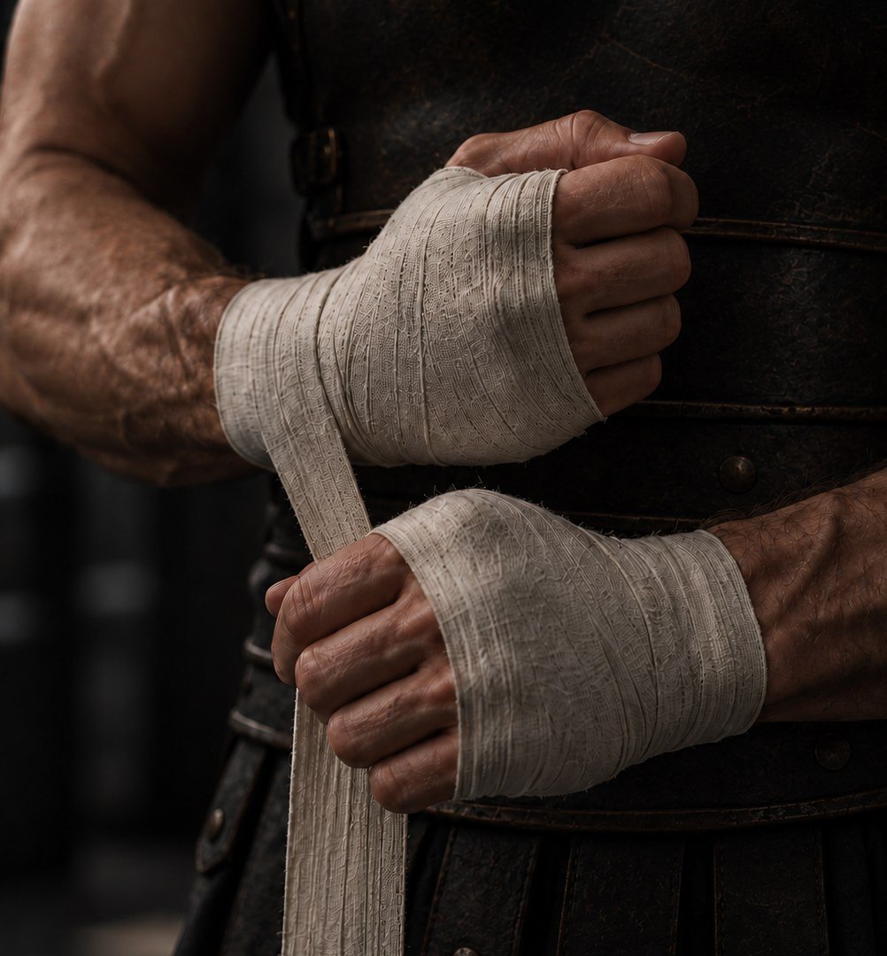 Boxeur en armure de spartiate enroulant un bandage de boxe autour de sa main
