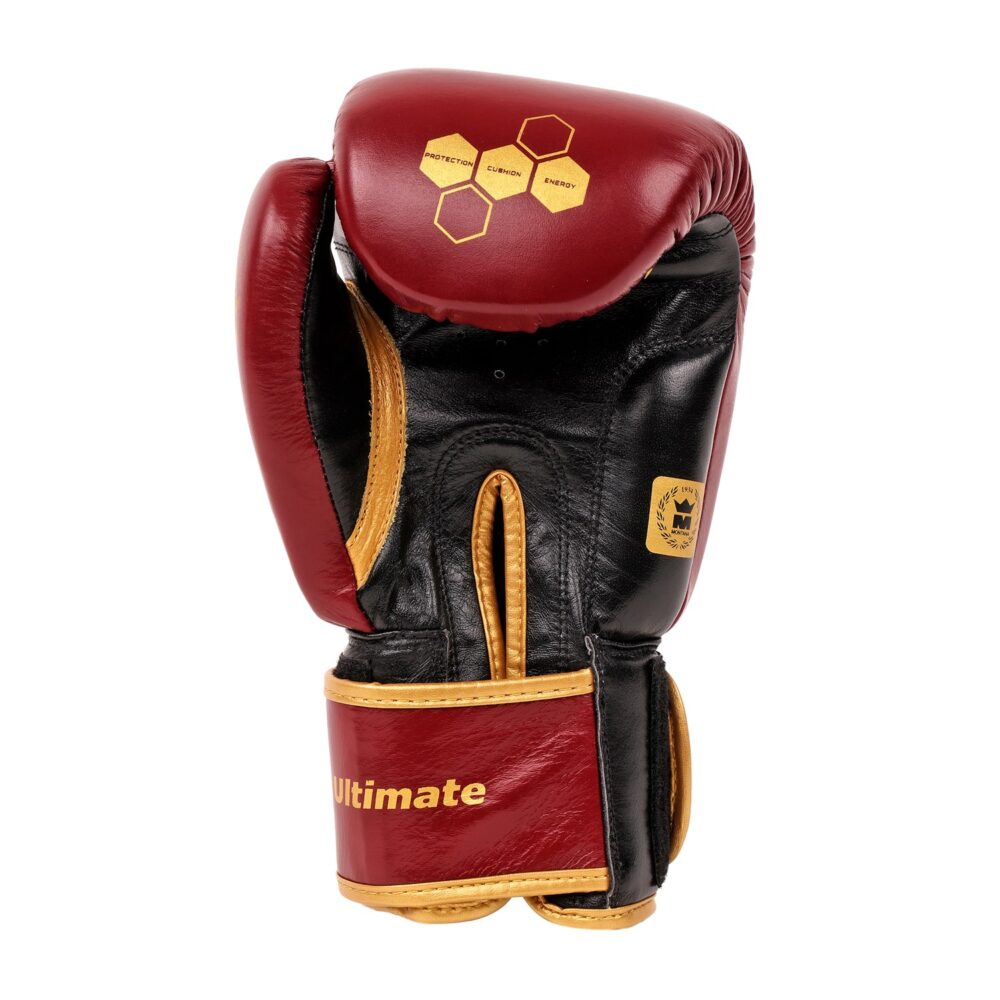 Face intérieure du gant de boxe Montana ULTIMATE Legend : paume en cuir avec protection d'impacts en fibre de coton recyclé, empiècement noir et manchette SMARTLOCK à scratch.