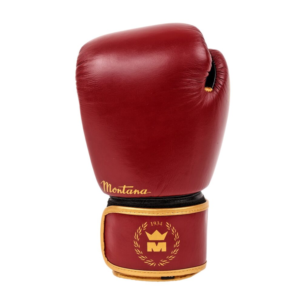 Gant de boxe bordeaux Montana ULTIMATE Legend vu de dos, montrant le galbe du bloc mousse SHOCK ABSORBING LATEX quatre couches et le blason doré à la couronne sur la manchette.
