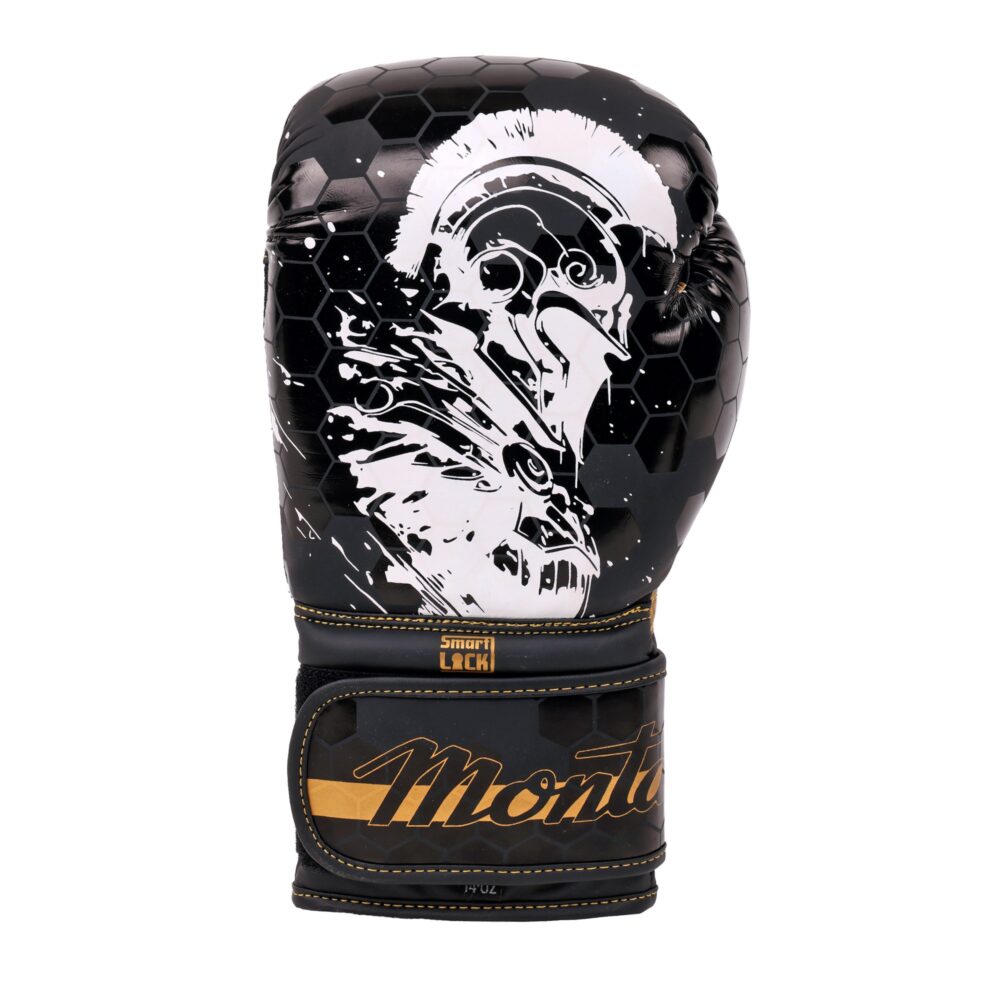 Gant de boxe noir Montana ENERGY Spartiate vu de dos, montrant en pleine surface l'illustration du casque spartiate blanc et le logo Montana doré sur la manchette.