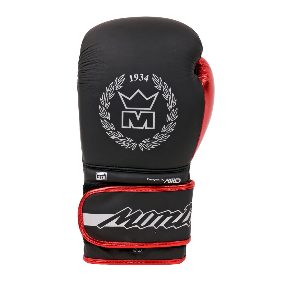 Gant de boxe noir Montana VICTORY Identity vu de dos, montrant le blason argenté à la couronne et la date 1934 sur le cuir de vachette, avec liseré rouge sur la manchette.