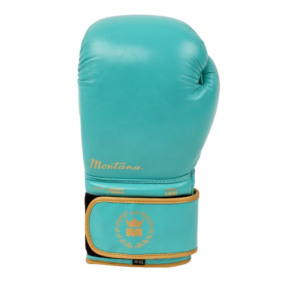 Gant de boxe turquoise Montana VICTORY Limited lagoon vu de dos, surface de frappe en cuir de vachette lagon uni et blason doré à la couronne sur la manchette noire.