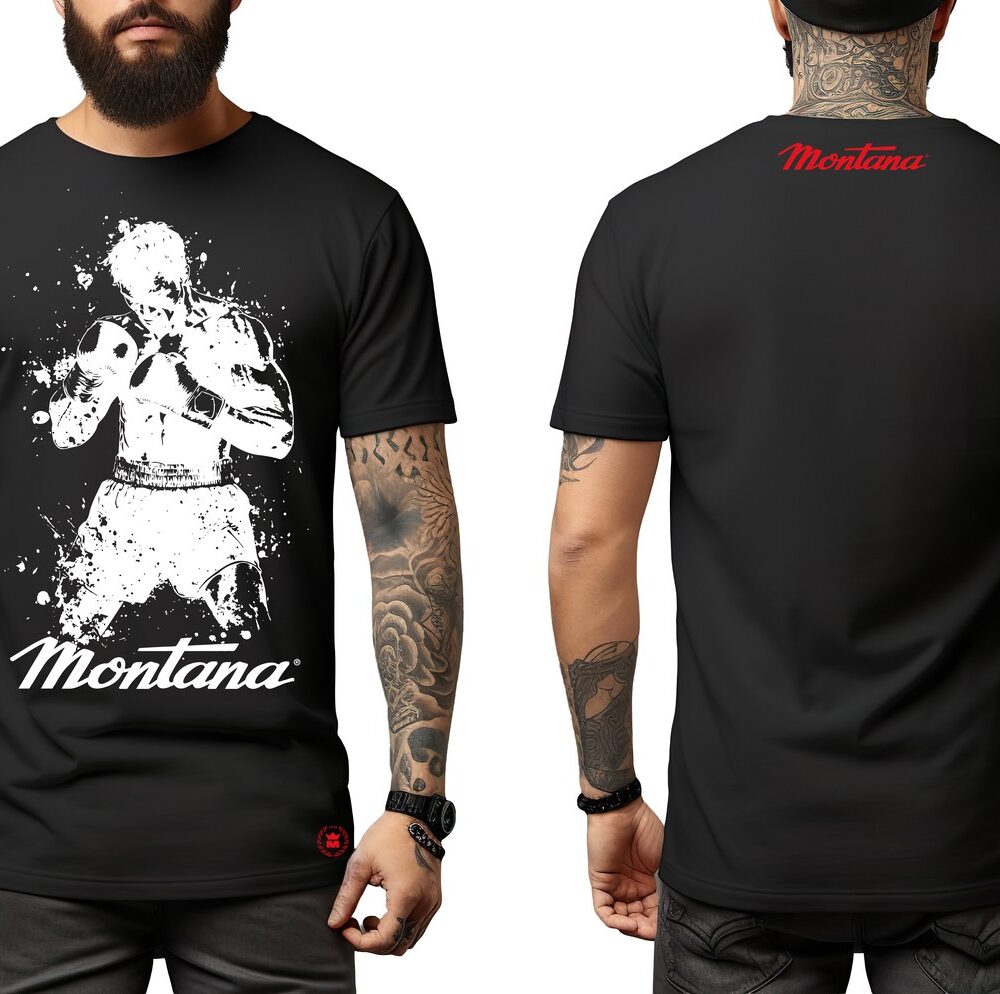 T-shirt de boxe noir Montana Fighter en coton, porté et vu de face et de dos : sérigraphie blanche d'un boxeur en position de garde surmontant le lettrage Montana.