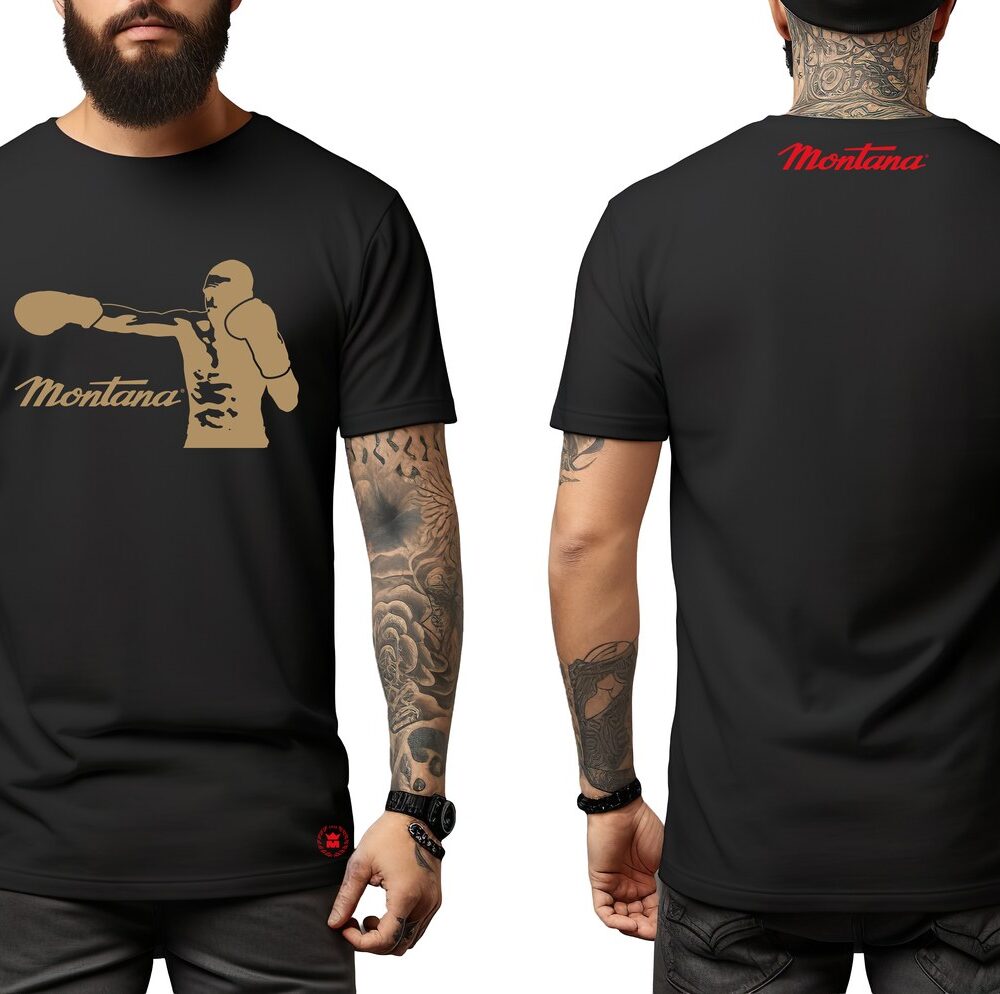 T-shirt de boxe noir Montana Shadow en coton, porté et vu de face et de dos : sérigraphie dorée d'un boxeur au sac de frappe devant, signature Montana rouge dans le dos.