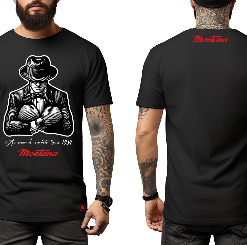 T-shirt de boxe noir Montana Tony en coton, porté et vu de face et de dos : illustration d'un boxeur en costume et chapeau, lettrage Montana rouge sous le graphisme.